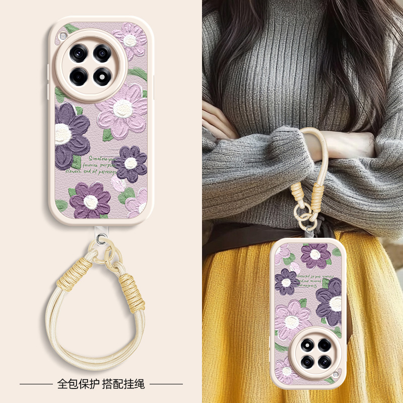 油画紫花适用一加ace5pro手机壳一加12小羊皮1加ace2新款1+ace2v夏天ace3斜挎挂绳OnePlus女3v硅胶网红