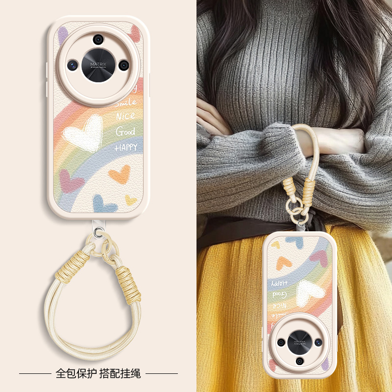 彩虹笑脸适用荣耀X60手机壳华为荣耀x50/x40i小羊皮X30/x30i新款x50GT春夏斜挎挂绳x20/20se/x10女款9x可背8x