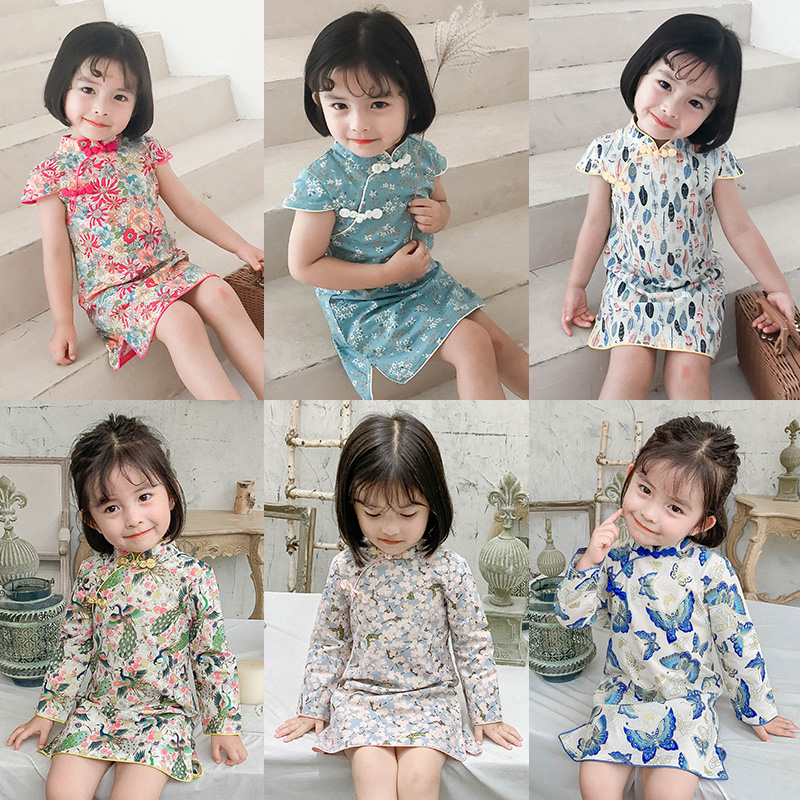 10-25新券女童旗袍复古秋装新款中国风汉服盘口碎花裙夏款小女孩短袖公主裙