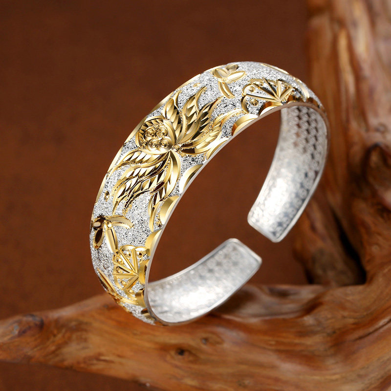 鎏金手镯女纯银妈妈款999足银镯子送长辈婆婆实用首饰母亲节礼物