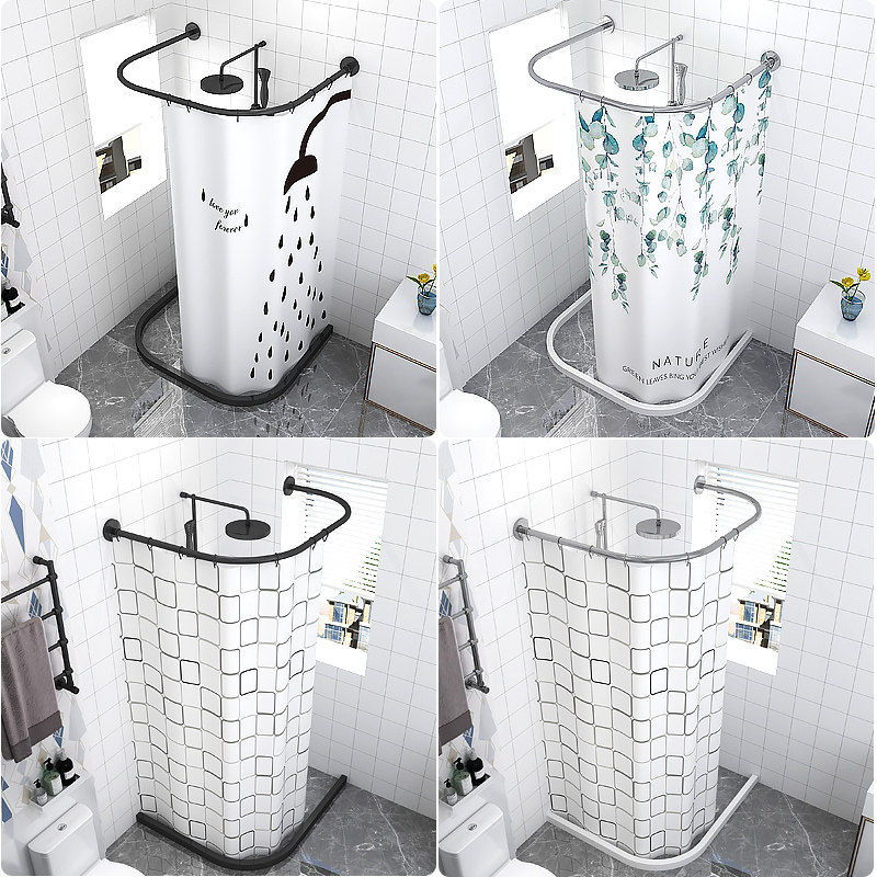 浴帘杆u形免打孔卫生间浴室l弧形转角浴帘套装打孔伸缩u型浴室杆