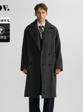 JDV商场同款秋冬男士深灰大翻领双排扣绵羊毛大衣时尚男装WCO4526