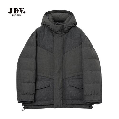 JDV灰色男士连帽短款廓形羽绒服
