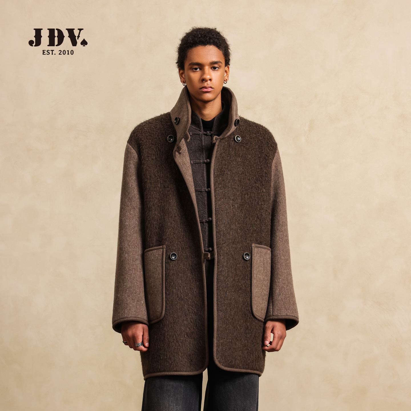 JDV复古撞色毛呢大衣2025冬季