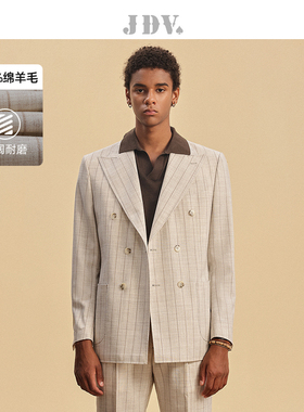 JDV男装春秋新品商场同款米色条纹西装双排扣西服外套SMM4002
