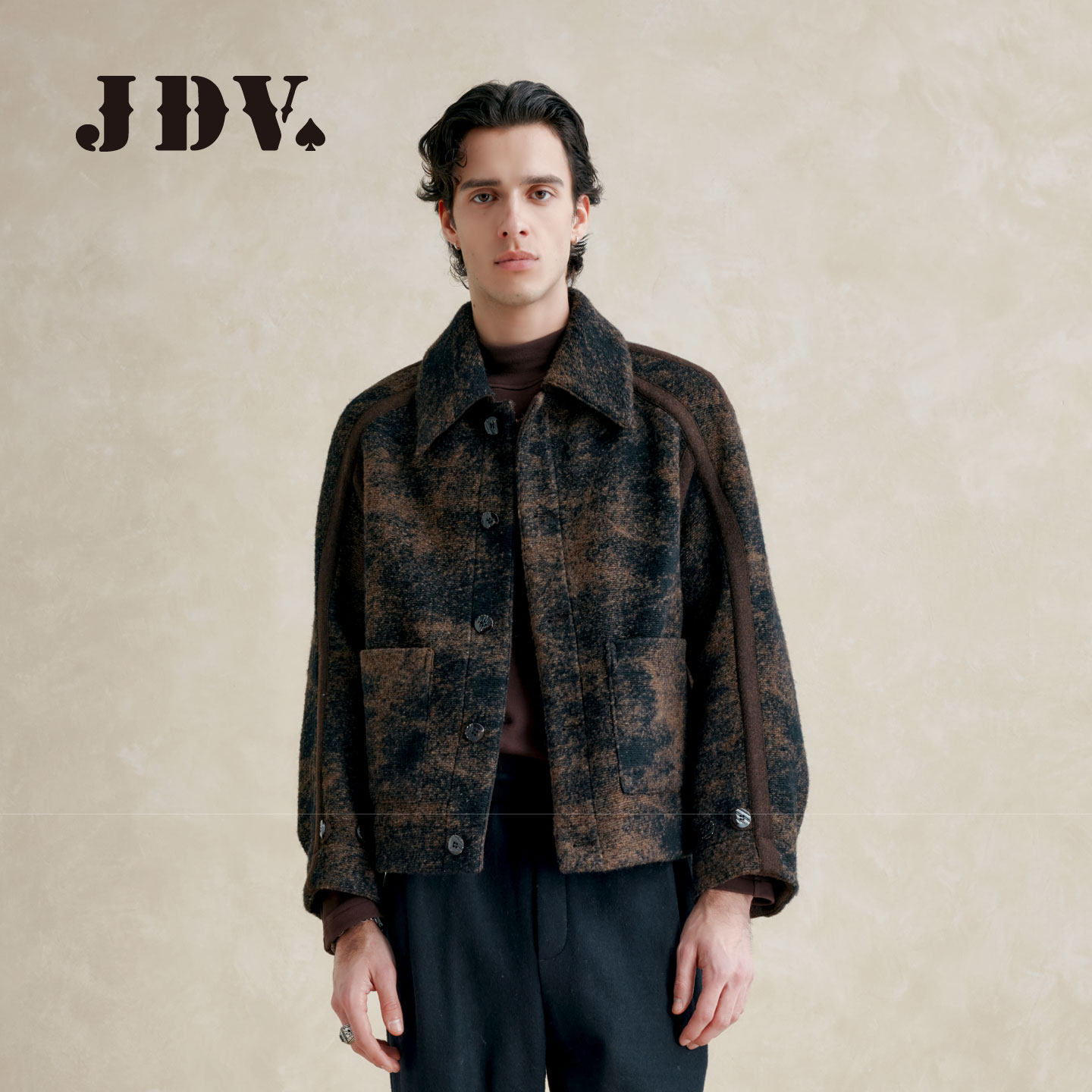 JDV商场同款复古羊毛外套男装秋冬季新品宽松翻领夹克短款WJK5358