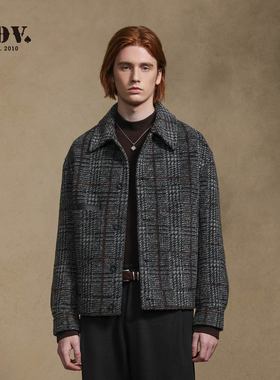 JDV商场同款秋冬黑色格纹翻领绵羊毛夹克保暖时尚外套男装WJK4409