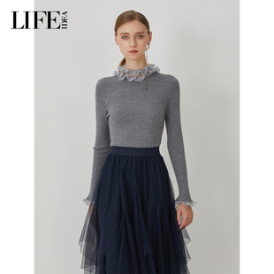 上衣 显瘦木耳边百搭长袖 LIFE·IDEA荷叶边领针织衫 女纹肌理修身