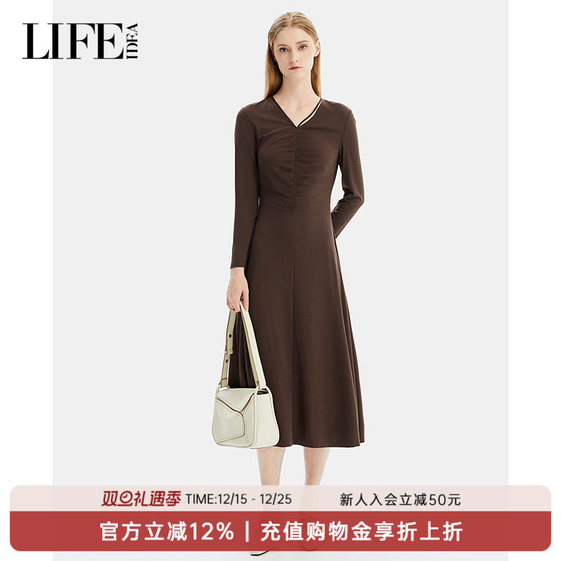 LIFE·IDEA商场同款2025春季新品修身显瘦优雅中长袖连衣裙