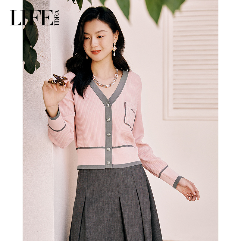 LIFE·IDEA商场同款2025春季新款V领口袋纽扣设计开襟针织衫