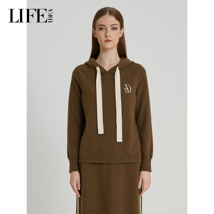 LIFE·IDEA连帽针织卫衣女字母刺绣抽绳设计通勤休闲百搭上衣