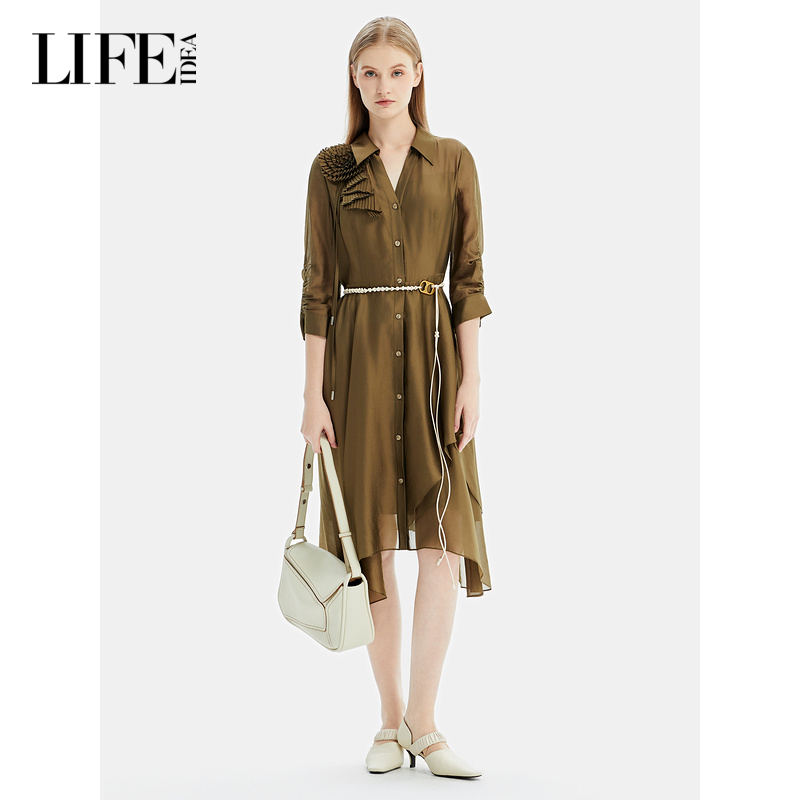 压褶胸花设计不规则网纱连衣裙女