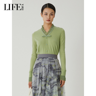 上衣 显瘦通勤百搭长袖 LIFE·IDEA立领木耳边针织开衫 女修身