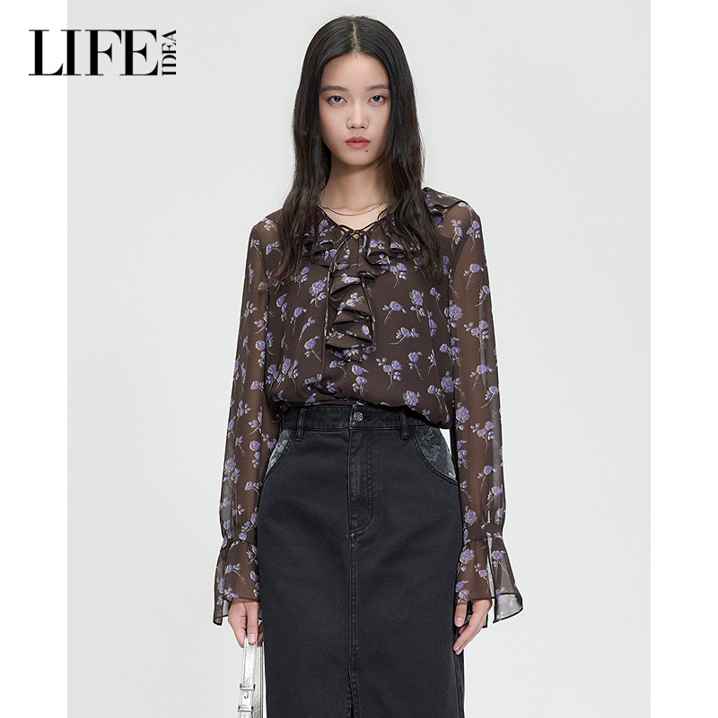 莱芙&middot;艾迪儿碎花雪纺衬衫26春季荷叶边V领喇叭袖设计感小众上衣