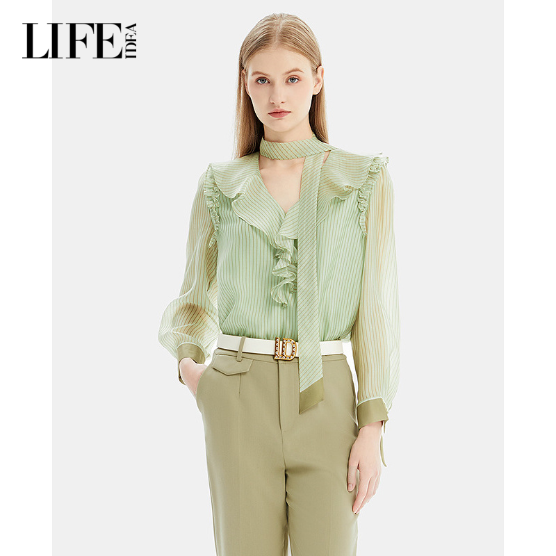 LIFE·IDEA商场同款2025春新品法式荷叶边收腰衬衣梭织上衣女