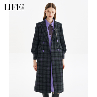 LIFE·IDEA羊毛大衣秋冬新款 紫灰格纹通勤保暖毛呢外套女 中长款