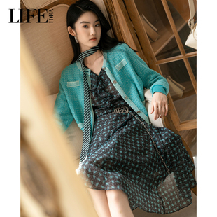 LIFE·IDEA湖蓝色小香风针织开衫 女圆领撞色边显瘦通勤毛衣外套