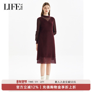 莱芙·艾迪儿针织连衣裙半高领网纱拼接灯笼袖流苏下摆宽松裙女