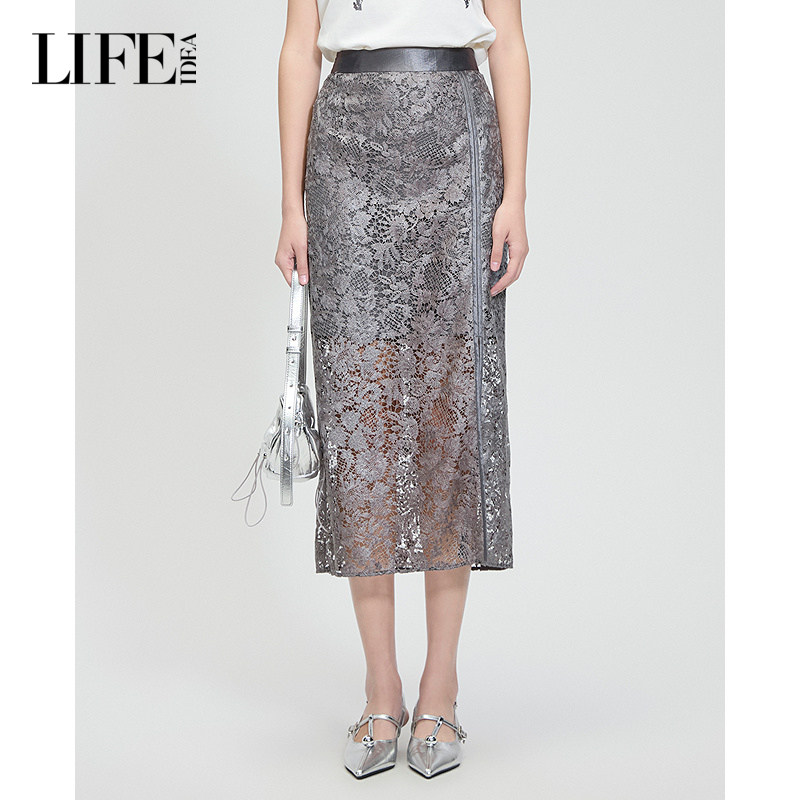 莱芙·艾迪儿银灰蕾丝透视半身裙高腰开叉中长裙轻奢名媛礼服裙女,女装/女士精品,半身裙,淘宝优惠券,粉丝福利购,淘宝优惠卷