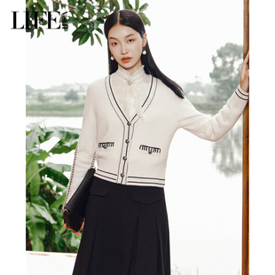 LIFE·IDEA小香风针织开衫 上衣 女撞色明线V领通勤约会百搭长袖