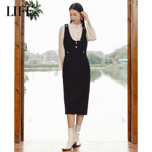 花朵纽扣设计感长裙连衣裙修身 无袖 背带裙 新品 莱芙·艾迪儿冬季