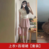 Топ + плиссированная юбка [Set] [Женская футболка с короткими рукавами переднего плеча Лето/Топы для женщин 2024 Новый горячий стиль/ранний весенний шикарный топ/короткий топ/сладкий и пряный топ/леди футболка с короткими рукавами/шикарная и красивая топ/горячая девушка]]