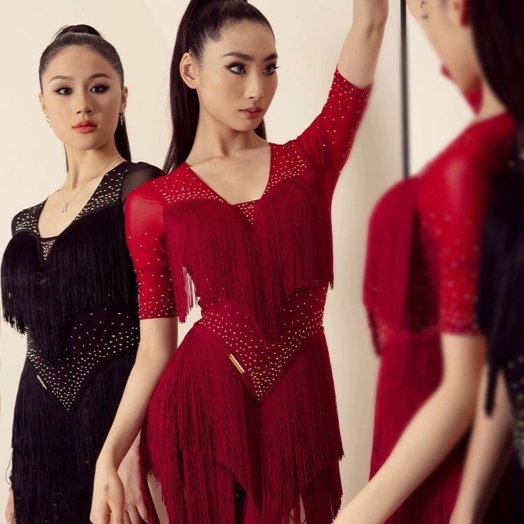 YES拉丁舞服高级感套装成人舞裙练功服舞蹈服夏季短袖连衣裙YD331