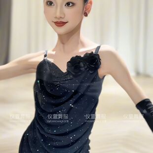 新款少儿拉丁服[ 星空 ] 荡领褶皱点缀的细闪颗粒吊带连衣裙拉丁
