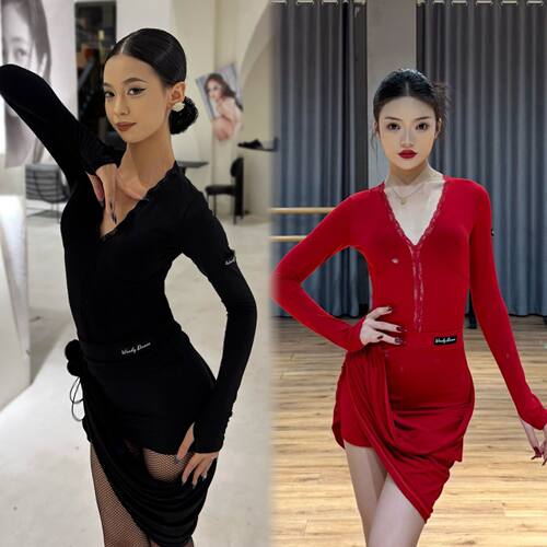 Wendy拉丁舞服长袖V领蕾丝边上衣飘带半身裙黑红色练舞表演女成人
