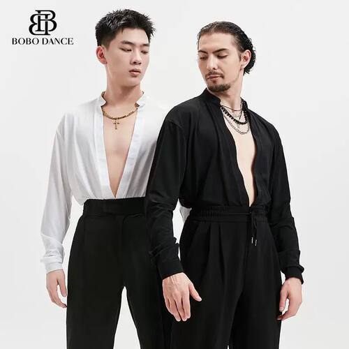 BOBO男生拉丁舞服男士深v领白色国标上衣长袖舞蹈服练成人功服练