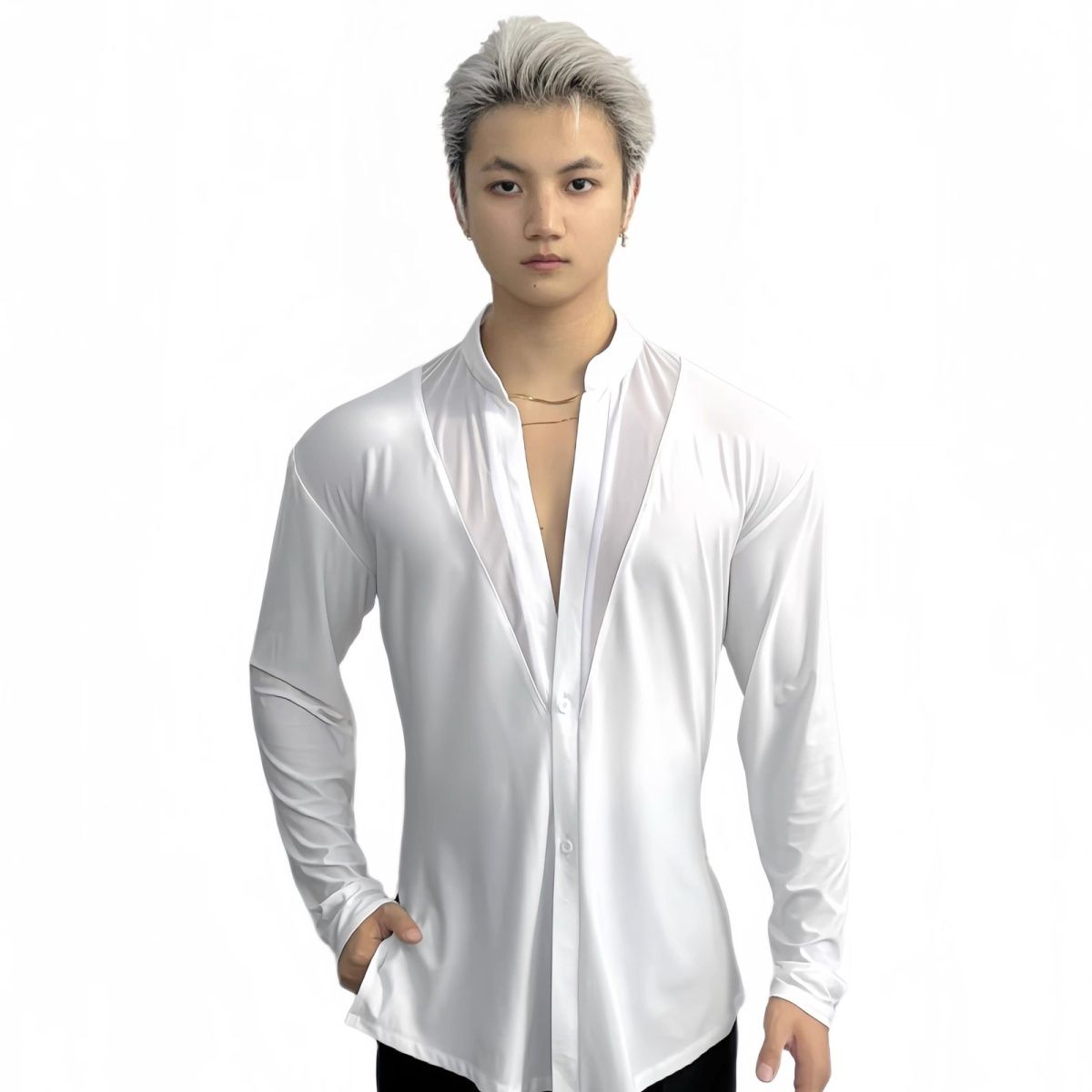 6KDance舞服 立领个性网纱拼接 男士拉丁舞服国标舞练功服