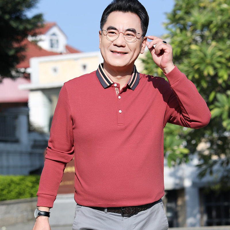 男士春秋纯棉t恤长袖中老年爸爸秋装上衣休闲撞色翻领打底POLO衫