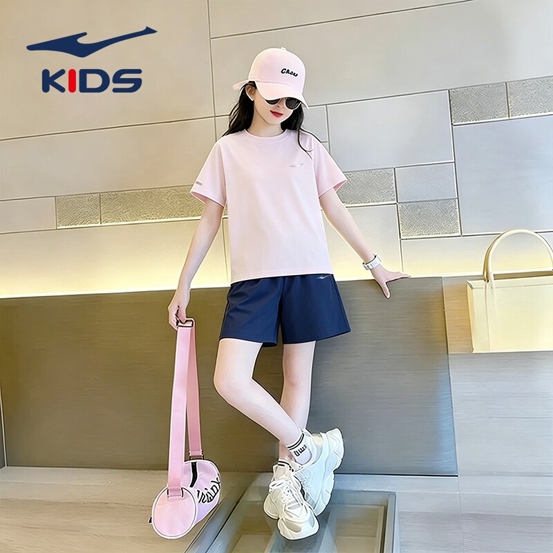鸿星尔克女童装儿童短袖运动套装夏季薄款大童透气速干短裤青少年