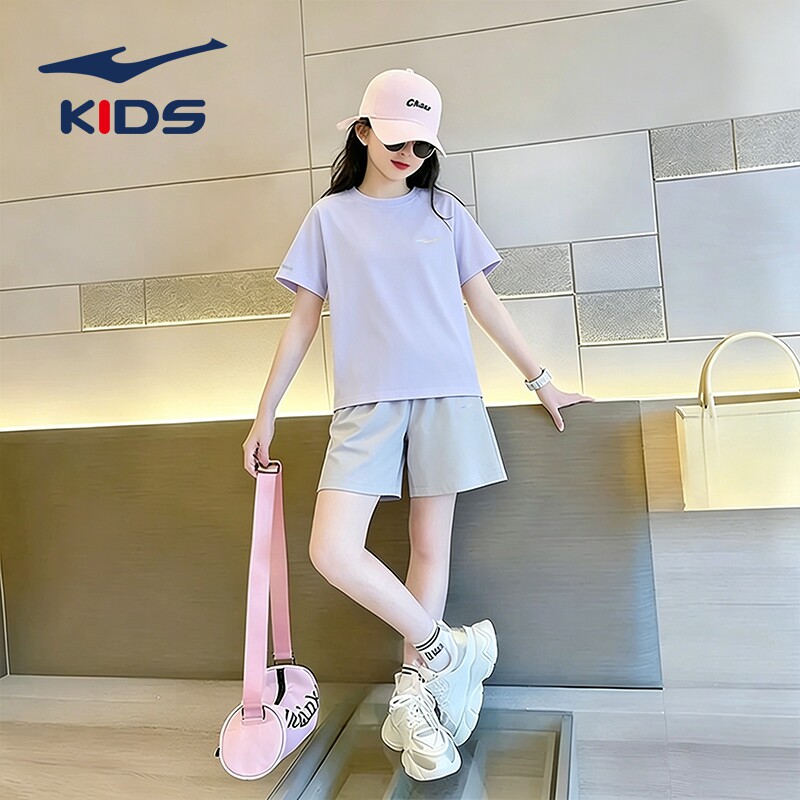 鸿星尔克女童装儿童运动套装夏季薄款大童透气速干短袖短裤两件套