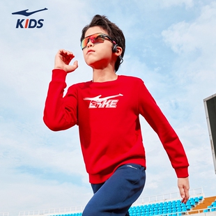 鸿星尔克童装男童加绒保暖卫衣2026红色秋冬新款大童长袖运动上衣