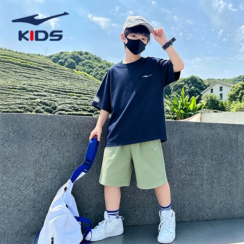 鸿星尔克男童装儿童跑步运动套装夏季大童透气速干短袖短裤两件套