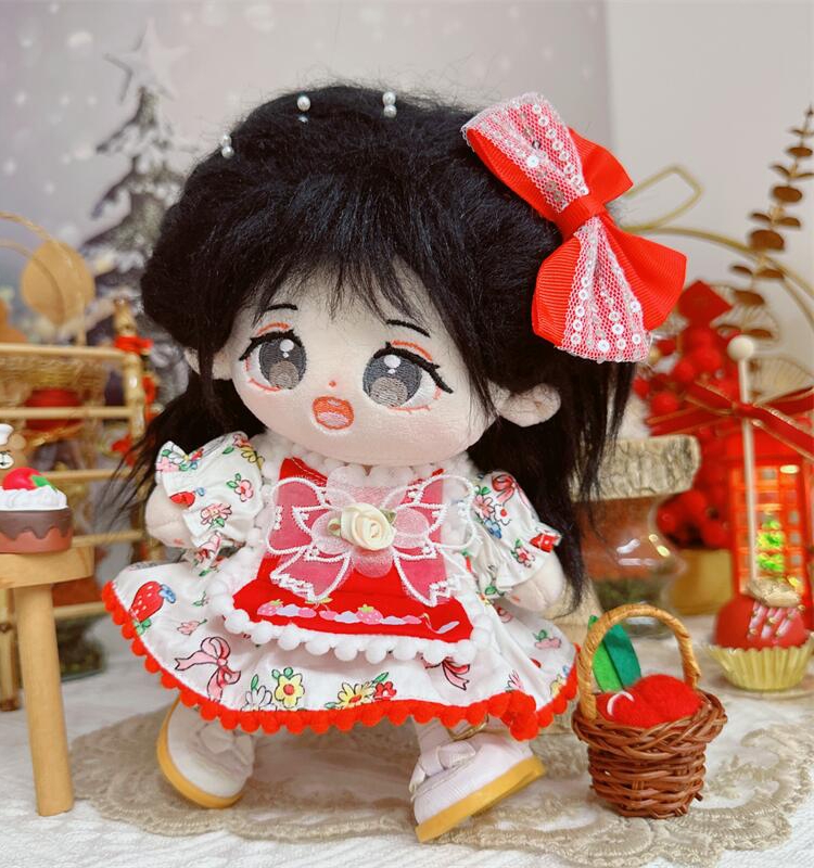 现货20cm棉花娃娃毛绒玩具娃衣服草莓吻痕连衣裙喜庆新年换装公仔