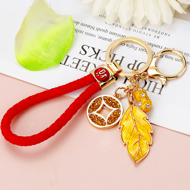 创意水钻一叶生财汽车钥匙扣女可爱毛绒包包挂件招财绳钥匙链饰品