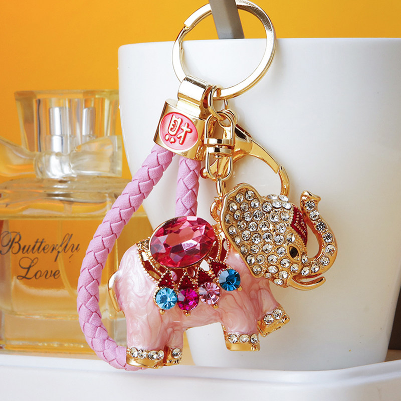 招财创意镶钻珠光大象汽车钥匙扣女金属可爱包包挂件精致钥匙链圈