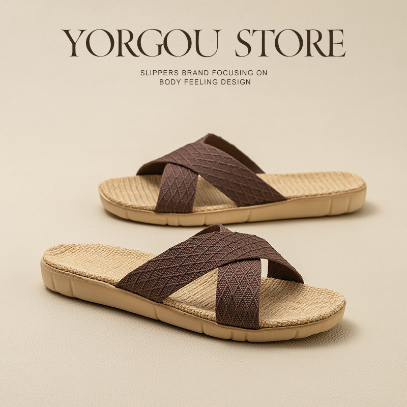 远港交叉带亚麻拖鞋男居家用卧室吸汗防臭夏季男室内地板防滑四季