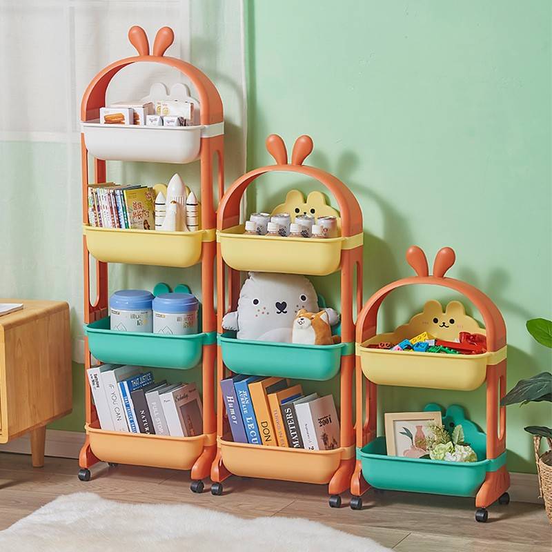 家用儿童置物架卡通带轮玩具收纳架宝宝收纳箱落地式推车可移动