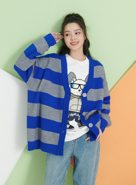 UGIZ商场同款2023春新品韩版女装条纹慵懒风毛织开衫外套UADG845
