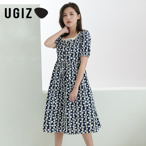 UGIZ夏季新品韩版女装时尚甜美方领印花蕾丝连衣裙女UTBOE326