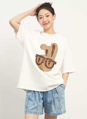 UGIZ2024夏季新品商场同款韩版宽松显瘦眼镜兔印花T恤女UBTH815