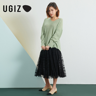 女装 UGIZ春秋季 韩版 网纱中长款 新品 百褶高腰A字半身裙女UAKD230