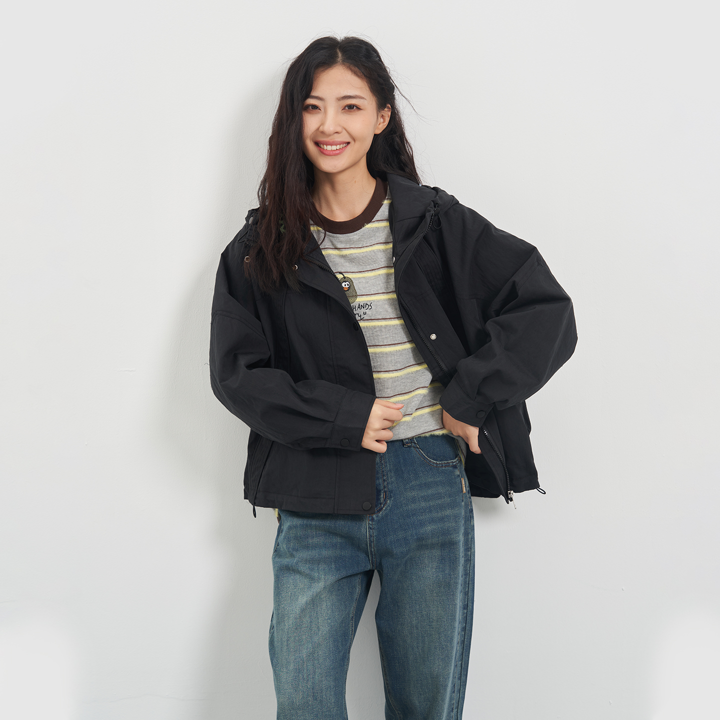 韩版纯色连帽休闲夹克外套