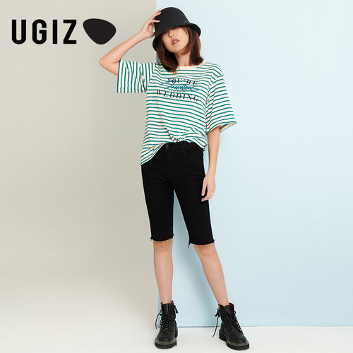 UGIZT恤简约直筒字母圆领条纹
