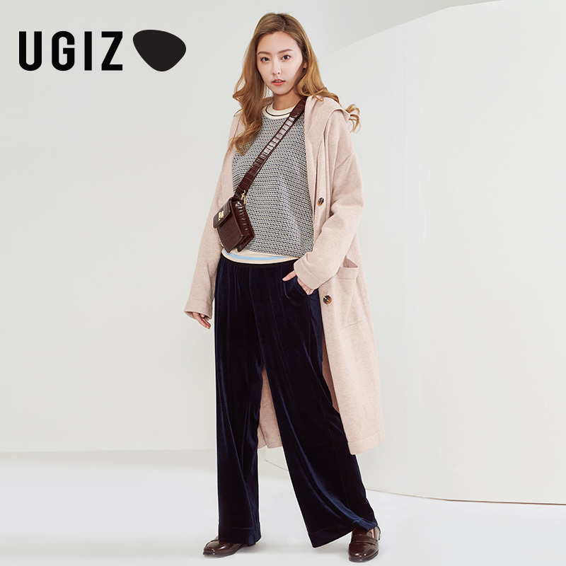 UGIZ春秋季新品韩版女装中长款休闲纯色针织风衣外套女UADC120-1