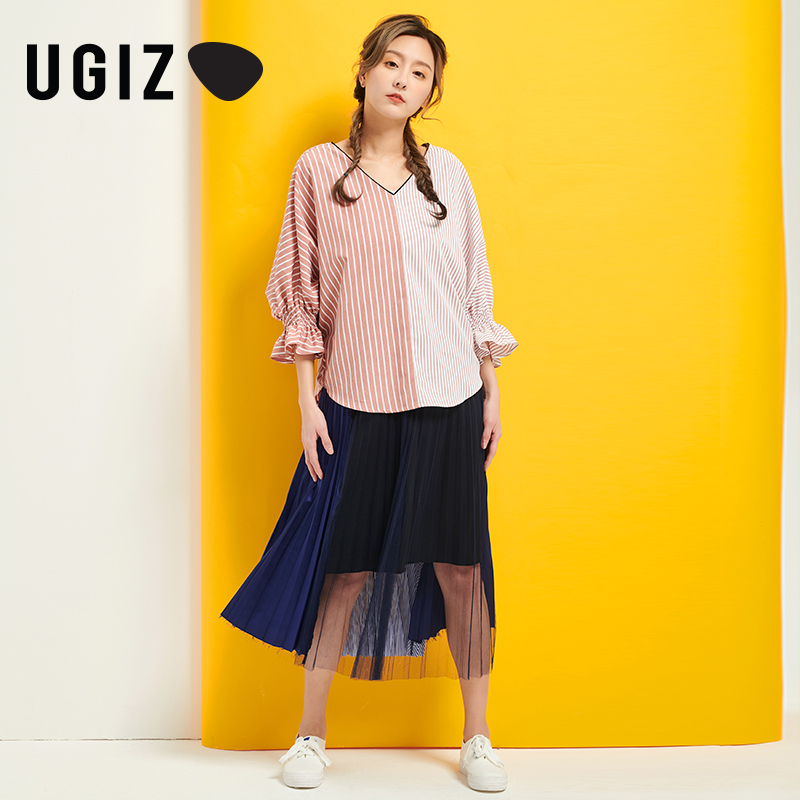 ugiz夏季新款韩版女装条纹拼接