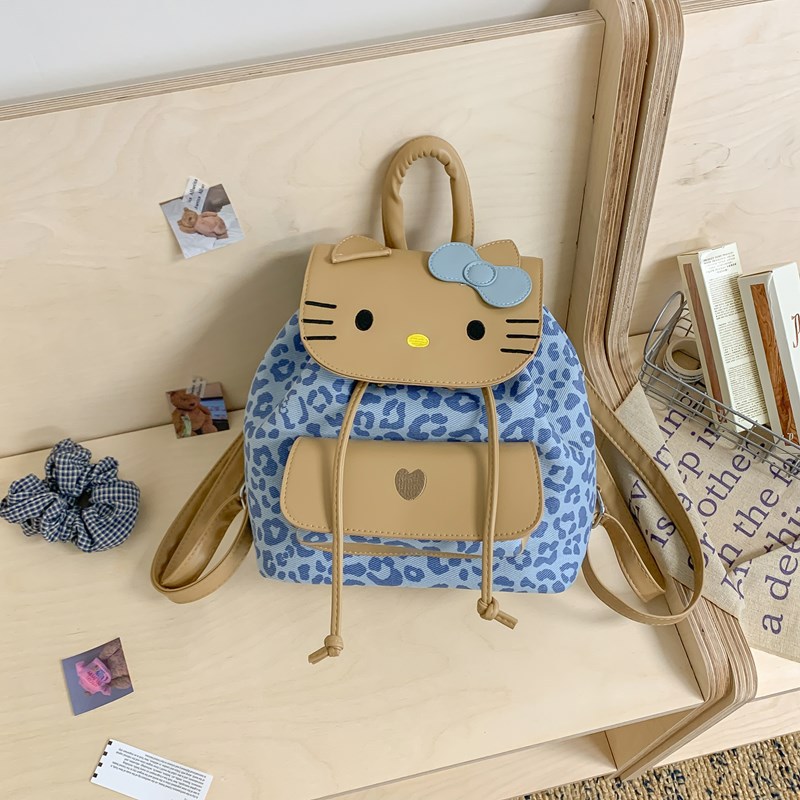 韩版休闲简约抽带翻盖女生小包包甜美豹纹猫咪双肩包卡通可爱书包